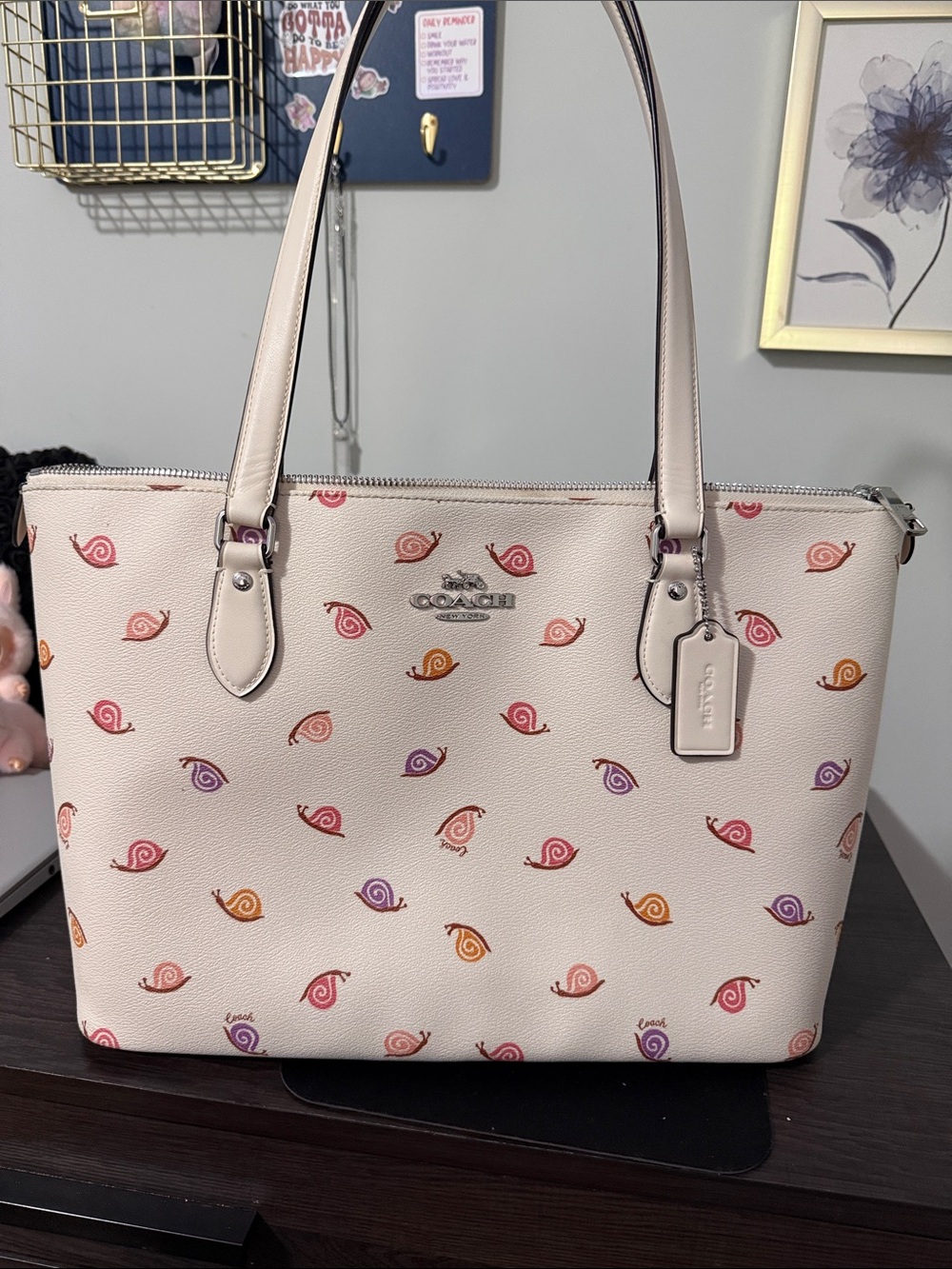 Coach Cream Leather Tote with Multicolor Snail Motif
